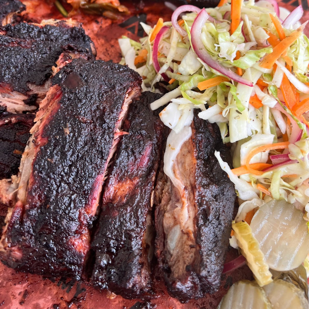 smoked pork side ribs with Alchemy bbq sauce and coleslaw