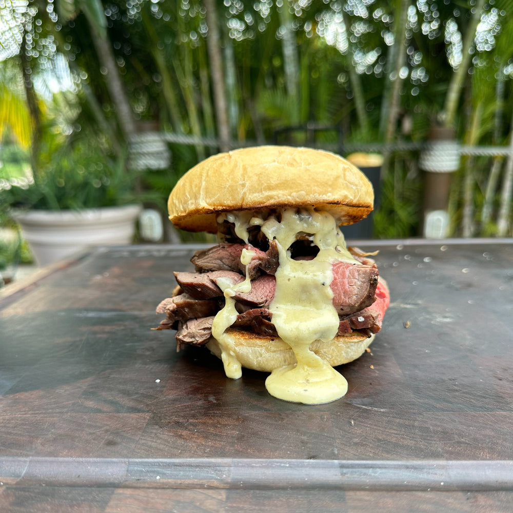 smoked beef tenderloin Swiss mushroom melt